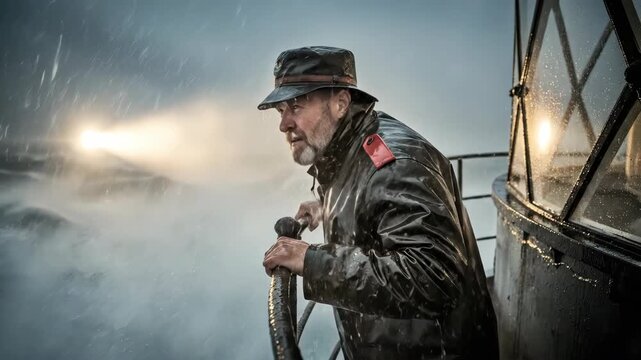 A lighthouse keeper stands and looks out over the rain-drenched ocean next to a glowing lantern. Concept of weather and natural disasters. A somber atmosphere.	