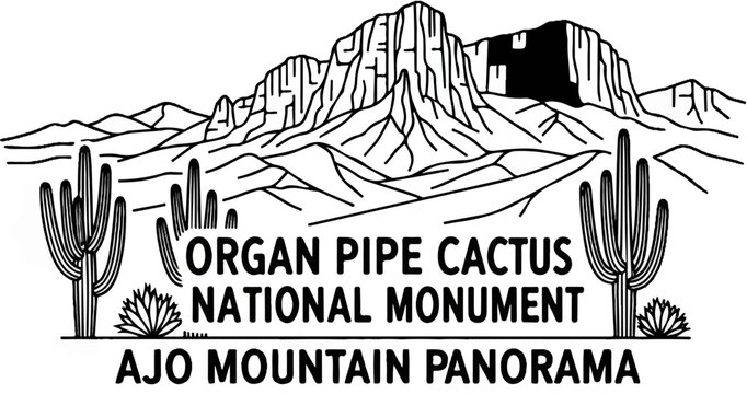 Desert mountain landscape with cacti and text "Organ Pipe Cactus National Monument Ajo Mountain Panorama