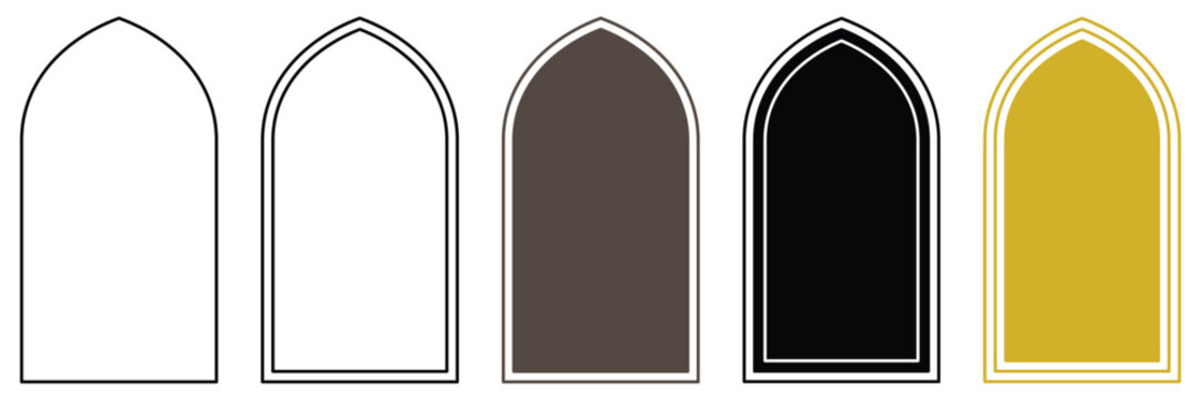 Islamic window arch set with gold, black and brown oriental frames collection. Ramadan outline and solid arch frames.