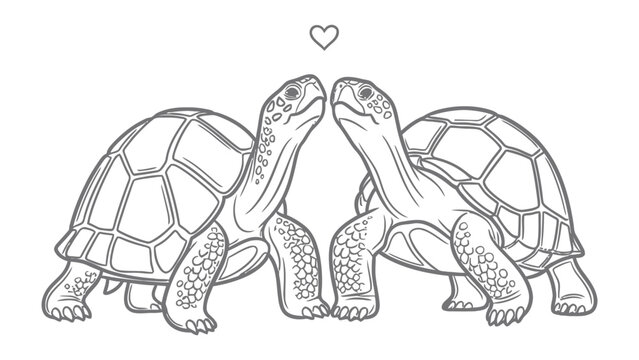 Two Tortoises in Love: A charming line art illustration depicts two tortoises leaning in for a tender moment, with a delicate heart floating above them, symbolizing affection and connection.