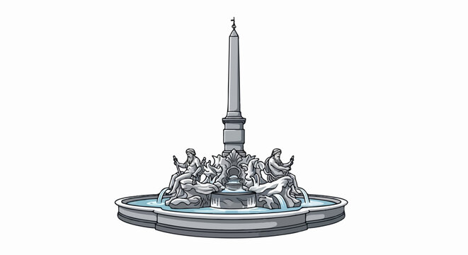 Ornate fountain with obelisk and sculpted figures spraying water