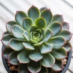 Fototapeta premium Echeveria succulent plant in black pot with red edged leaves in natural light for gardening
