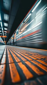 standing on a metro platform as a train rushes past very close to the camera, strong motion blur on the train body, sense of speed and wind, modern subway station environment, platform edge perspectiv