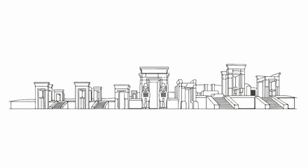 Obraz premium Line drawing of an ancient Egyptian temple complex with statues at the entrance