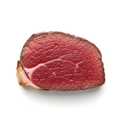Fototapeta premium Deliciously cooked medium-rare beef slice showing juicy red interior on a pristine white background from above