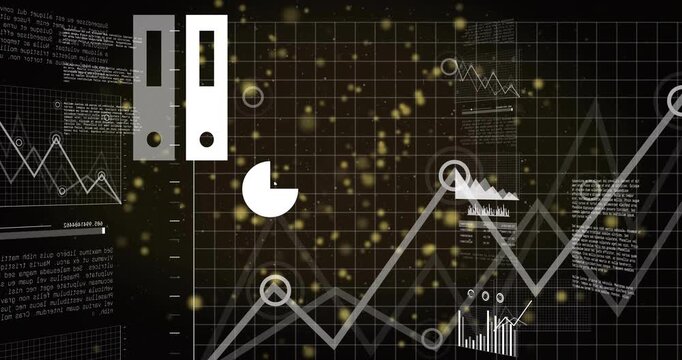 Animated charts and laptop cloud icon shifting in dark space, camera zooming revealing data trends