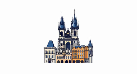 Obraz premium Colorful illustration of an iconic Gothic cathedral with surrounding historical buildings