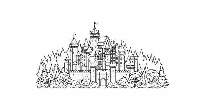Intricate line art depicts a majestic, multi-turreted castle surrounded by forest trees