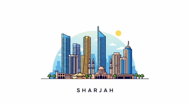 Modern city skyline with diverse architecture and a sunny sky