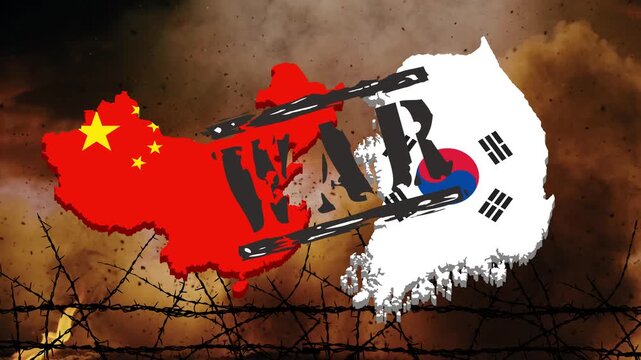 The flags of China and South Korea, smoke, fire, and barbed wire are depicted on a 3D map. This illustrates conflict and war between the two countries and the world.
