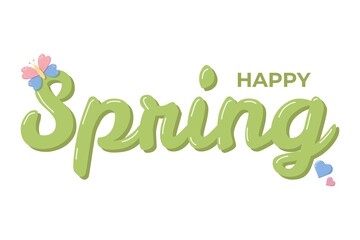 Fototapeta premium Cheerful spring design with green glossy text HAPPY Spring, decorated with butterfly perched on the letter S and colorful hearts, festive seasonal illustration for greetings and decorations