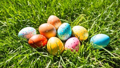 A group of bright, multicolored Easter eggs with polka dot patterns lying on lush green grass in direct sunlight