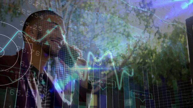 Talking on phone, tapping screen, man in patterned shirt, maroon jacket on patio with data overlays