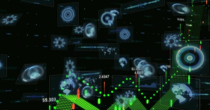 3D market chart rising as green points appearing, adding candlesticks and values and showing trend
