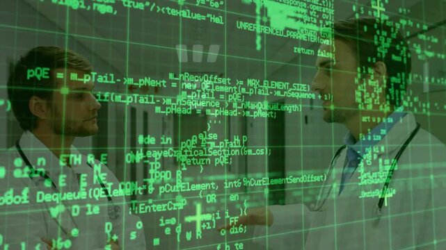 Doctors discussing case in medical hall, code overlay intensifying, obscuring faces then clearing