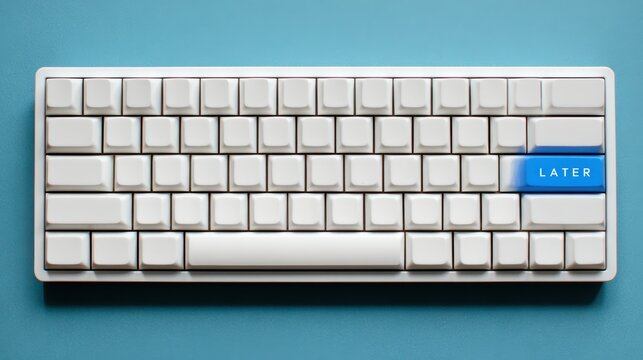 Keyboard with a blue 'LATER' key, symbolizing procrastination and delayed action