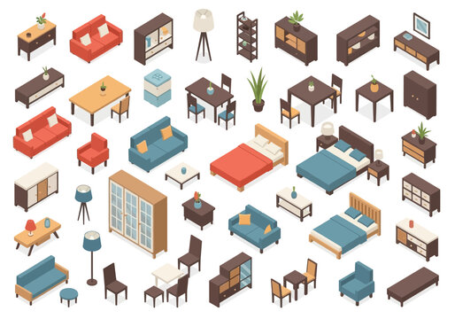 Collection of isometric furniture and home decor elements for interior design visualization