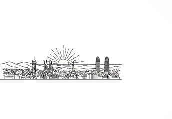Obraz premium Stylized line art skyline featuring iconic structures and a radiant sun above
