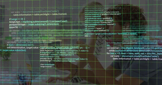 Man clicking mouse and leaning, woman joining, green code grid expanding over monitor for debugging