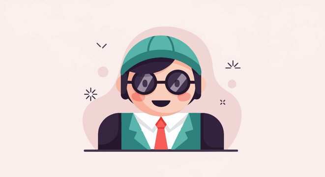 Animated character with glasses, cap, and tie on a light background