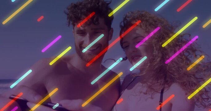 Man and woman holding phone close at beach, adjusting phone, tapping tech feed, overlay over faces