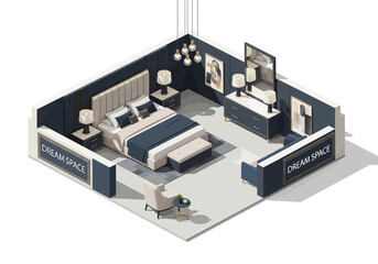 Luxury bedroom interior design with modern furniture and elegant decor, isometric view