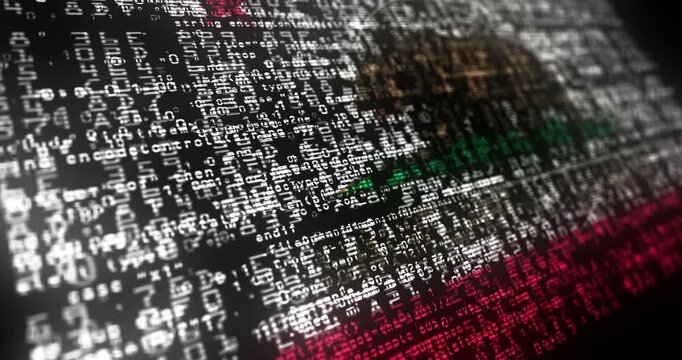 California flag waving secure code. California Republic,  blowing banner cyber security attack and hack concept animation.