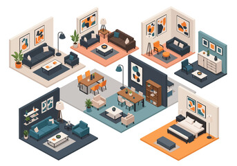 Obraz premium Cozy Isometric Living Room and Bedroom Interior Design Set