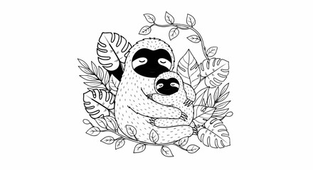 Fototapeta premium A mother sloth and baby embrace amidst tropical leaves in a drawing