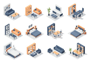 Obraz premium Isometric furniture set for living room, bedroom, and dining area for interior design