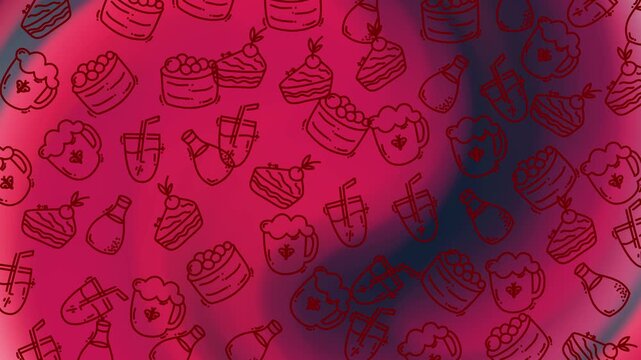 vibrant red and pink dessert doodle pattern featuring cakes cupcakes and ice cream ideal for food branding backgrounds and festive visuals