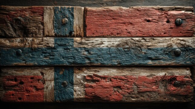 Old wooden surface with red, blue, and gray colors arranged in a pattern representing a flag or symbol