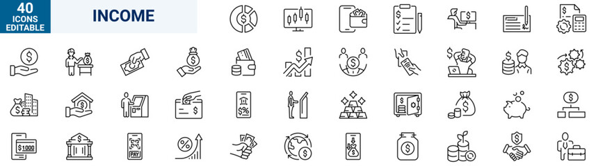 Fototapeta premium Income web icons in line style. Accounting, payment, bank, investment, commission, work, tax, collection. Editable stroke. Vector illustration.