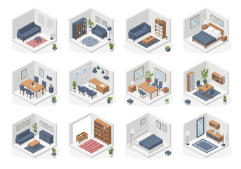 Isometric room designs for modern living spaces, showcasing furniture and decor in various layouts