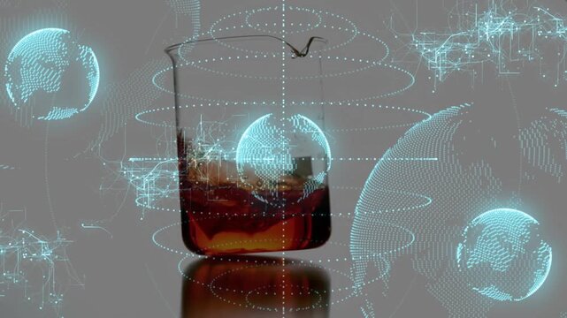 AR globes orbiting glass; droplet entering top-right causing drink slosh, showcasing design