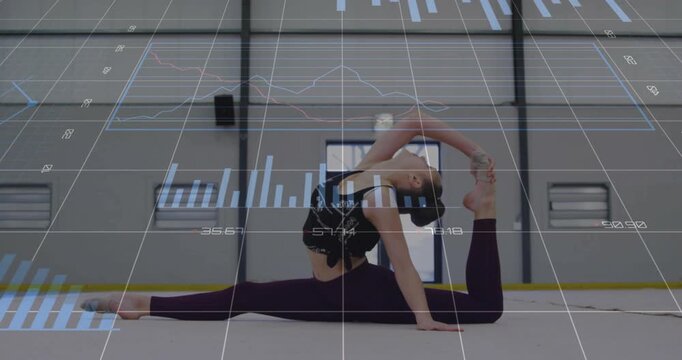 Vertical video: Moving from split girl in top pulling into backbend on gym mat, training with HUD