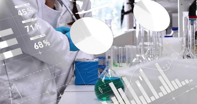 Vertical video: Reaching woman in lab coat blue gloves grabbing tip and pipetting samples at bench