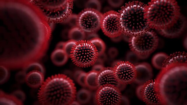 Close-up view of red virus particles in motion, illustrating the microscopic world of pathogens. Represents the ongoing battle against infectious diseases and public health awareness