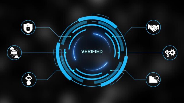 Futuristic digital interface with the word VERIFIED prominently displayed in a bright central circle, encircled by various business and financial against a dark blue abstract