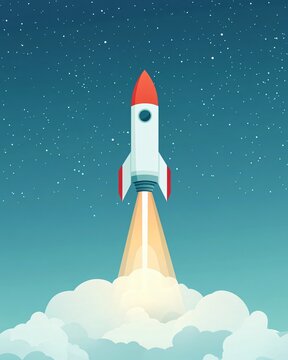 Minimalist flat illustration of rocket launching into starry night sky with clouds and glowing exhaust trail symbolizing innovation and exploration