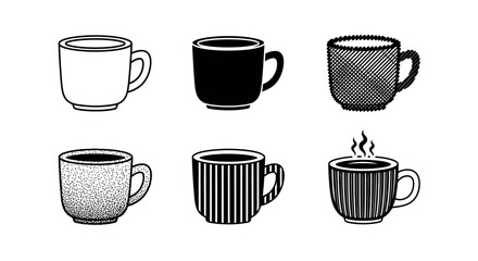 Obraz premium Six stylized coffee cups and mugs in black and white, featuring outline, solid, hatching, stipple, and striped textures for creative design use
