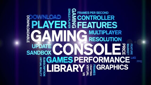Gaming Console animated word cloud-gross domestic product animation tag kinetic typography seamless loop.