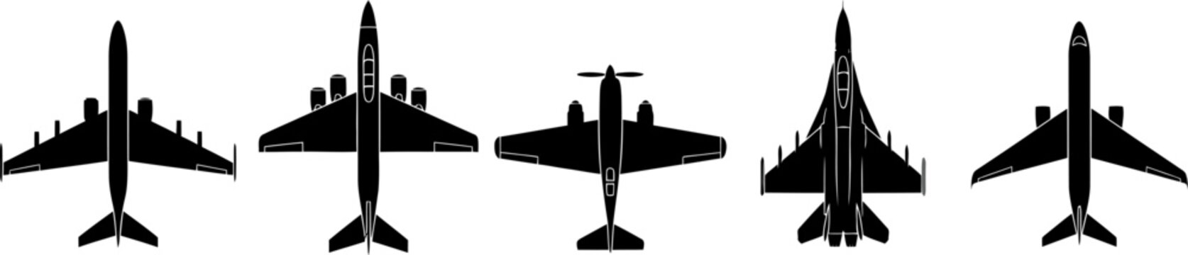 Silhouette of five different aircraft from various angles