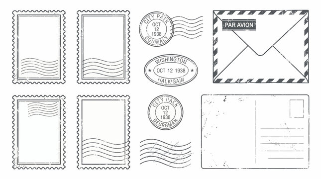 Collection of blank postage stamps and vintage postal marks with envelope and postcard on white background, concept for mail delivery, vintage scrapbook and traditional correspondence