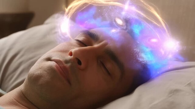Man sleeping peacefully with glowing cosmic energy above his head. Represents dreams, imagination, and the power of the subconscious mind
