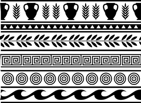 Black and white ancient Greek decorative borders featuring amphorae wheat leaves meander and wave patterns