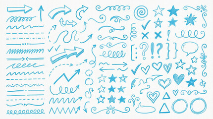 Obraz premium Blue Hand-Drawn Design Elements: An array of artistic elements, meticulously sketched in shades of blue, invites creative expression, offering an inspiring toolkit for designers and artists.