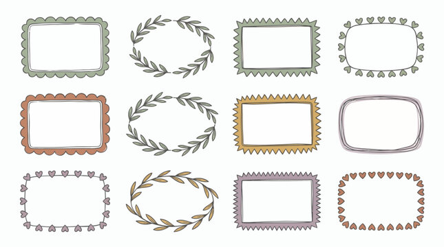 Set of hand drawn doodle frames with various shapes like hearts leaves scalloped and jagged borders in earthy tones, concept for digital journaling, greeting cards and social media posts
