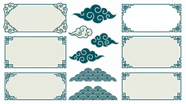 Collection of traditional Chinese decorative frames with auspicious clouds and wave patterns on white background, concept for lunar new year design, oriental menu and asian branding identity