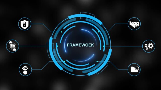 Digital concept of business framework with interconnected representing finance strategy growth and success on a dark blue background